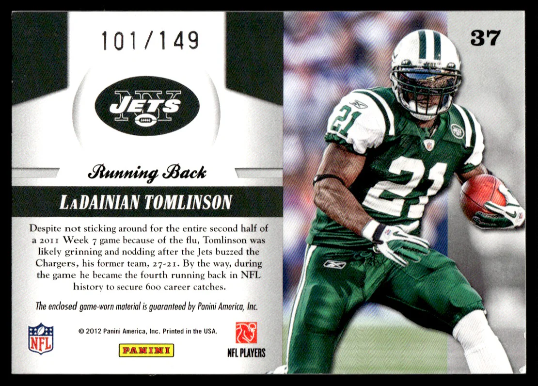 2011 Panini Totally Certified 37 LaDainian Tomlinson Piece of the Game /149 Jets - Image 2