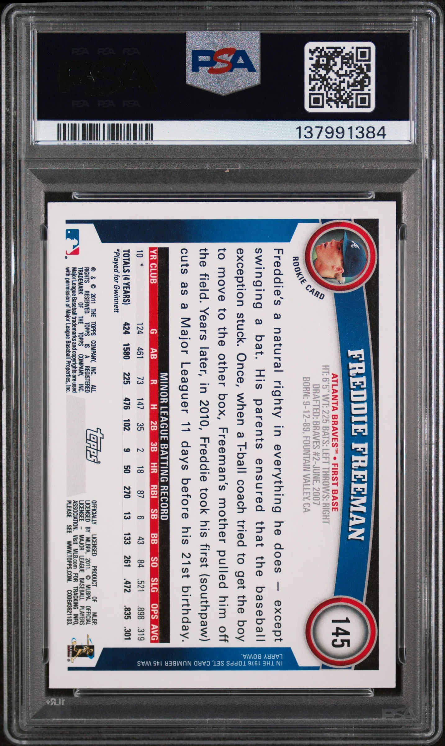 2011 Topps Freddie Freeman #145 PSA 9 - Image 2