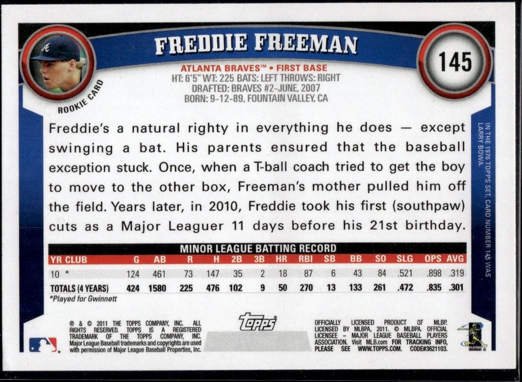 2011 Topps Freddie Freeman #145 RC - Image 2