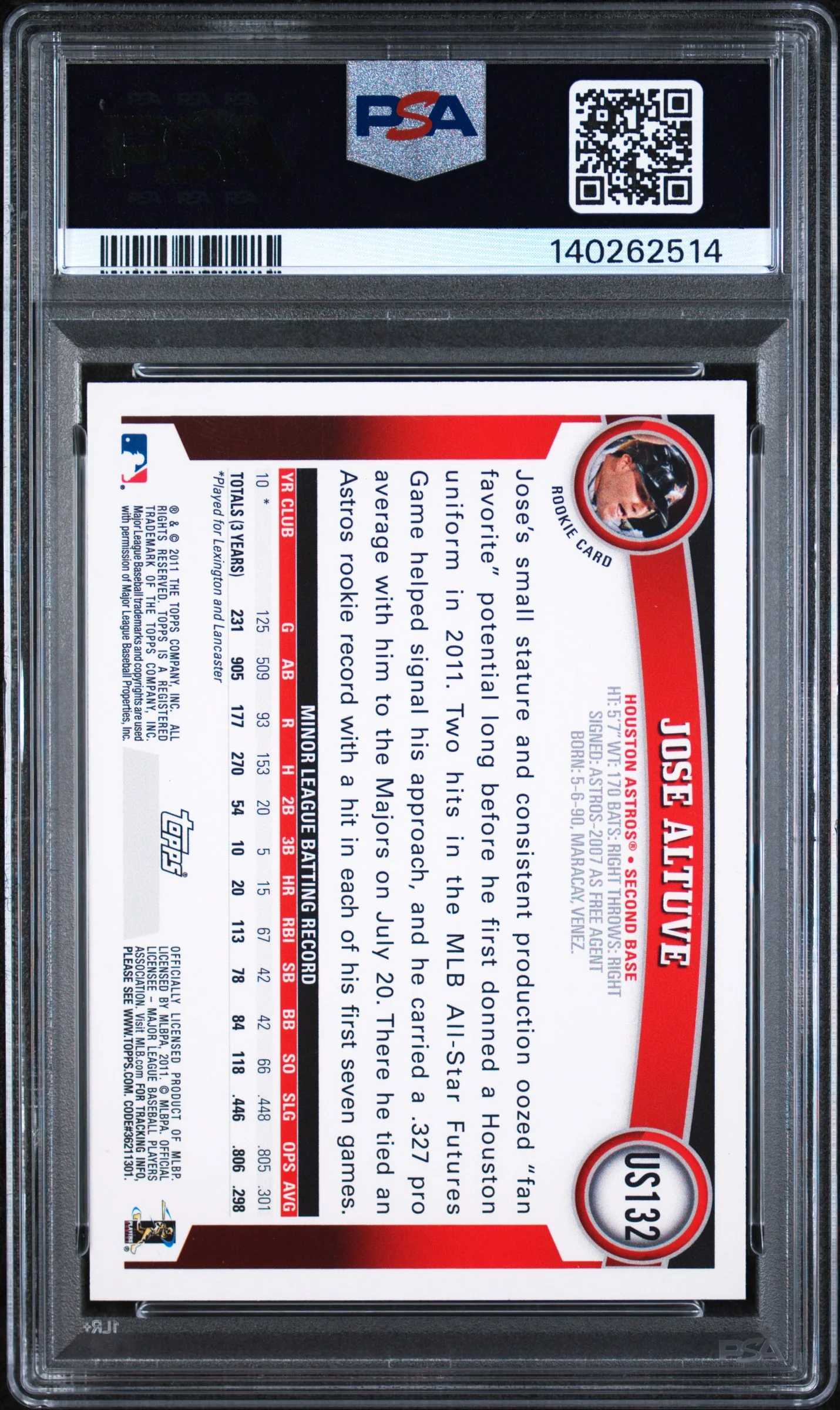 2011 Topps Update Cognac Diamond Anniversary Jose Altuve #US132 PSA 10 - Image 2
