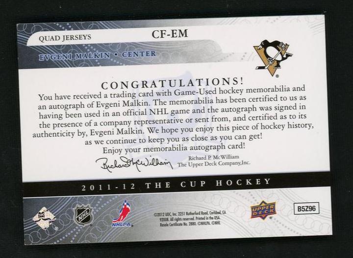2011 Upper Deck The Cup CF-EM Evgeni Malkin Champions /15 Penguins Auto - Image 2