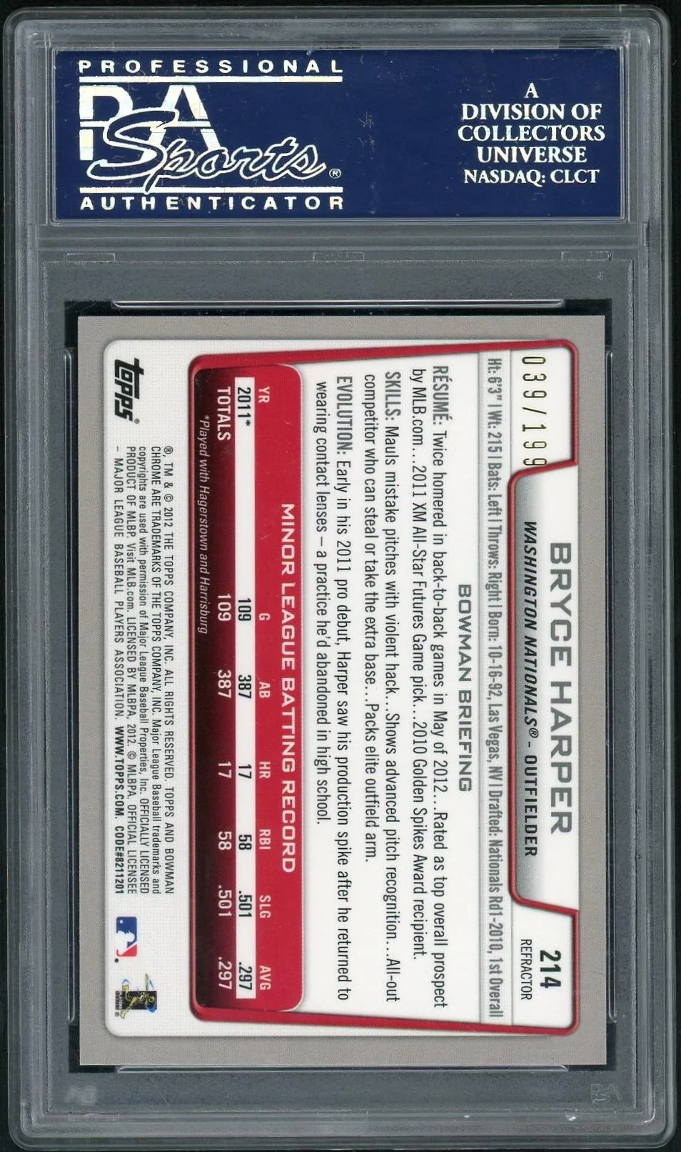 2012 Bowman Chrome Purple Refractor Bryce Harper #214 /199 PSA 10 - Image 2