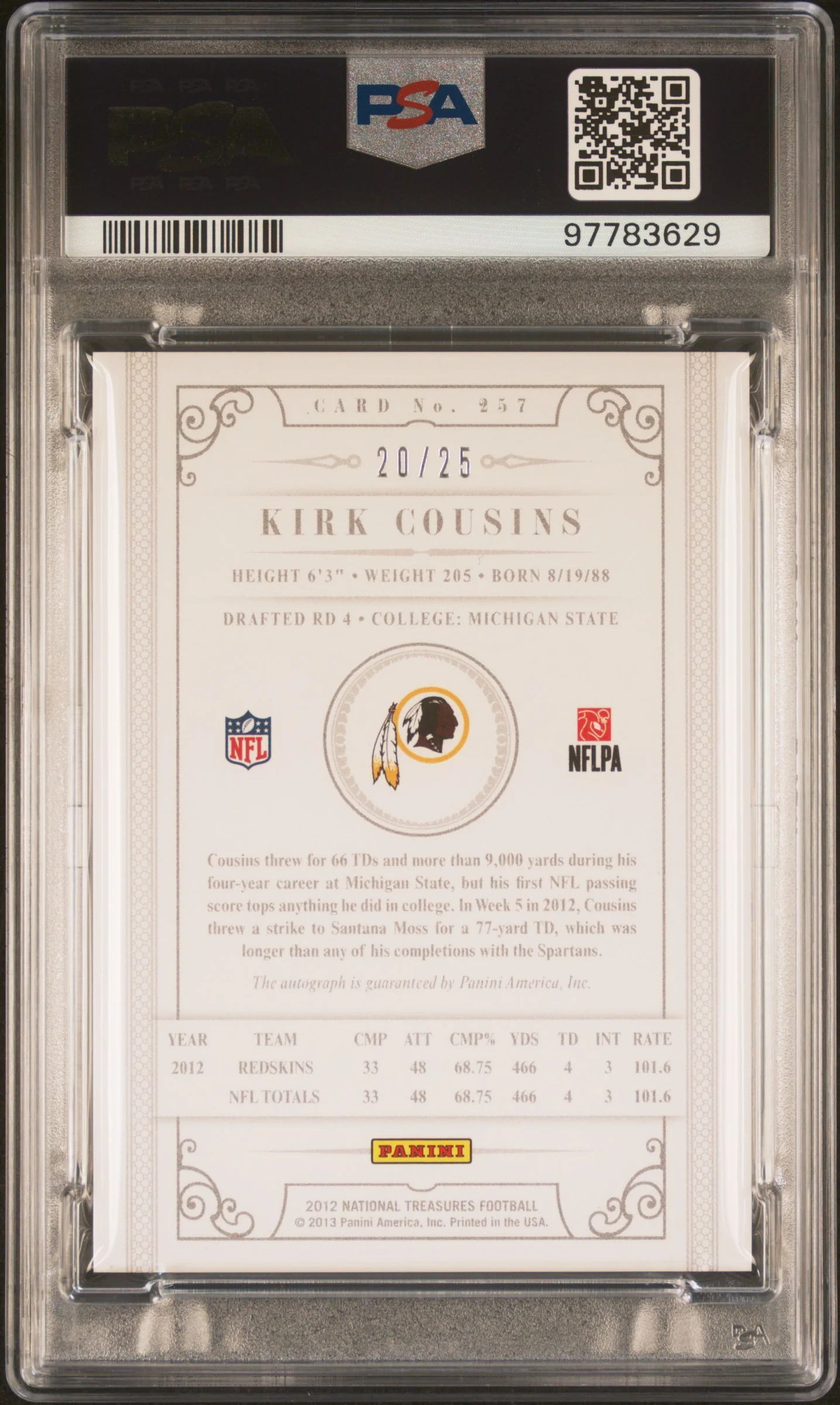 2012 National Treasures Century Black Signature Kirk Cousins #257 /25 PSA 9 - Image 2