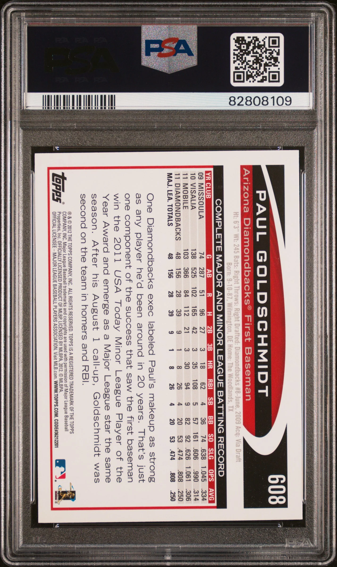 2012 Topps Paul Goldschmidt #608 PSA 10 - Image 2