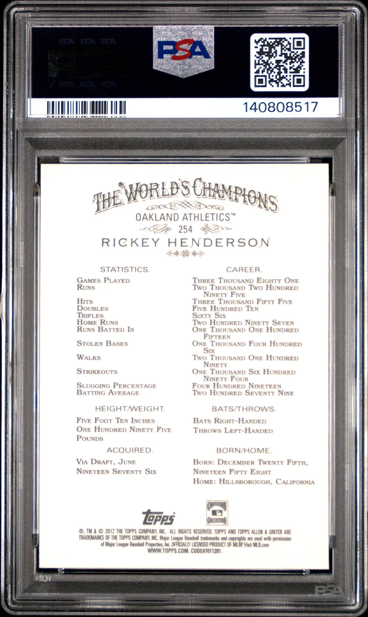 2012 Topps Allen and Ginter Rickey Henderson #254 PSA 10 - Image 2