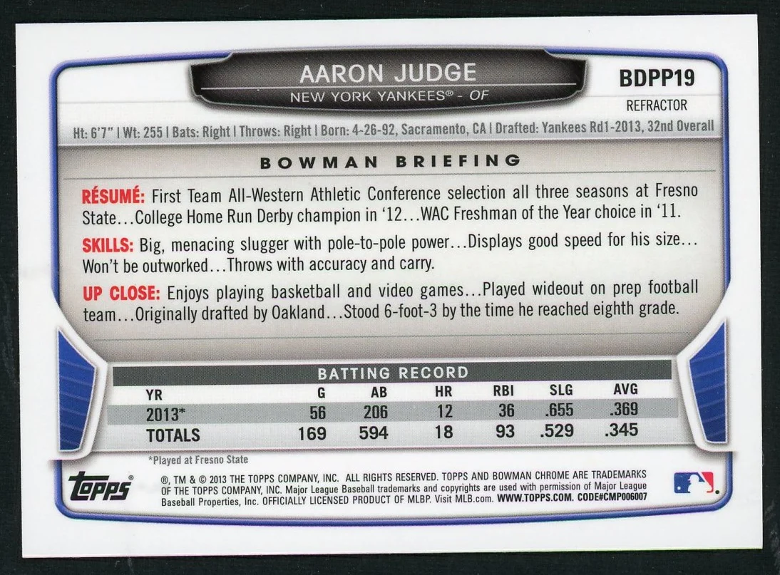 2013 Bowman Chrome BDPP19 Aaron Judge Refractor New York Yankees - Image 2