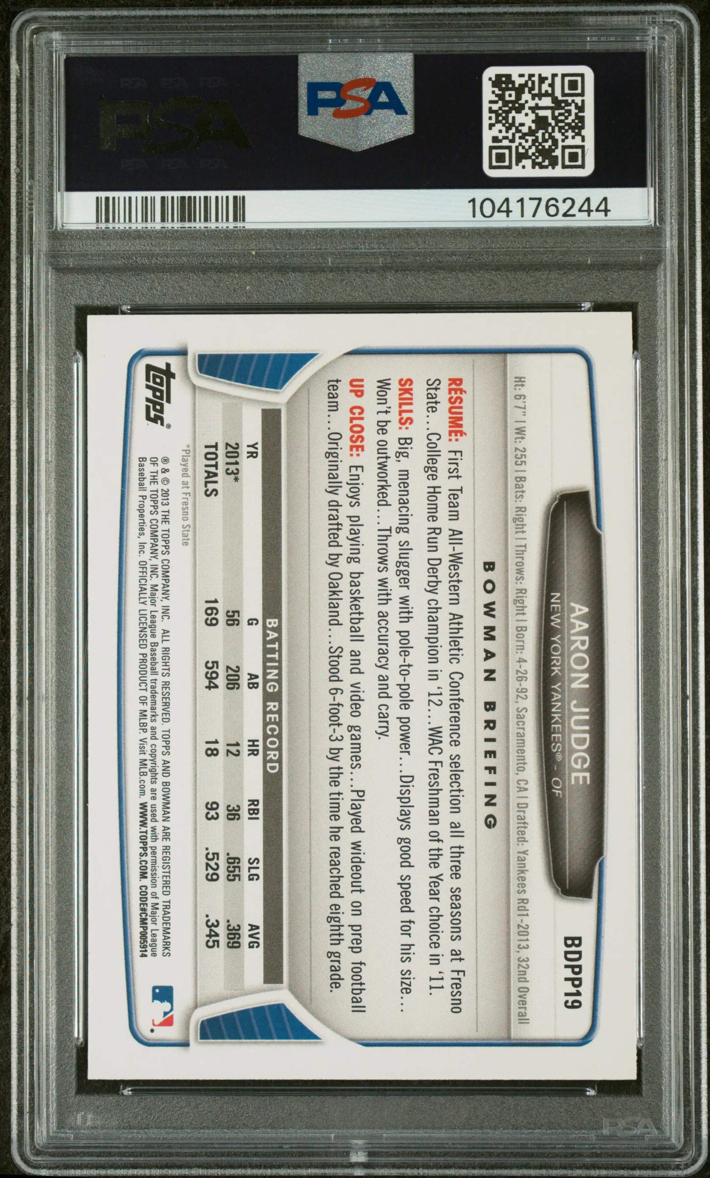 2013 Bowman Draft Picks and Prospects Aaron Judge #BDPP19 PSA 9 - Image 2