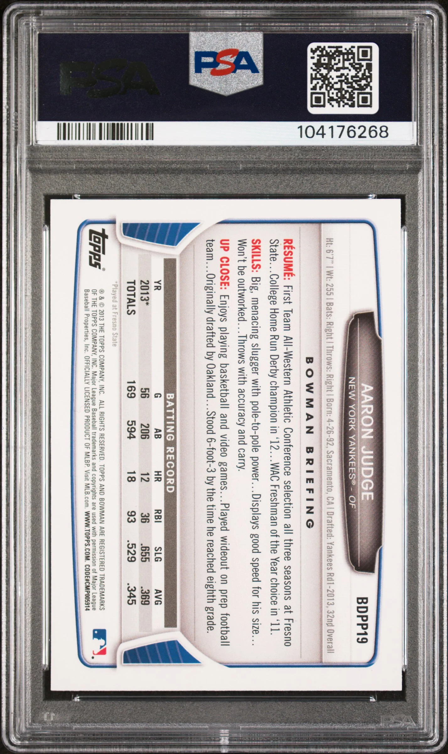 2013 Bowman Draft Picks and Prospects Aaron Judge #BDPP19 PSA 9 - Image 2
