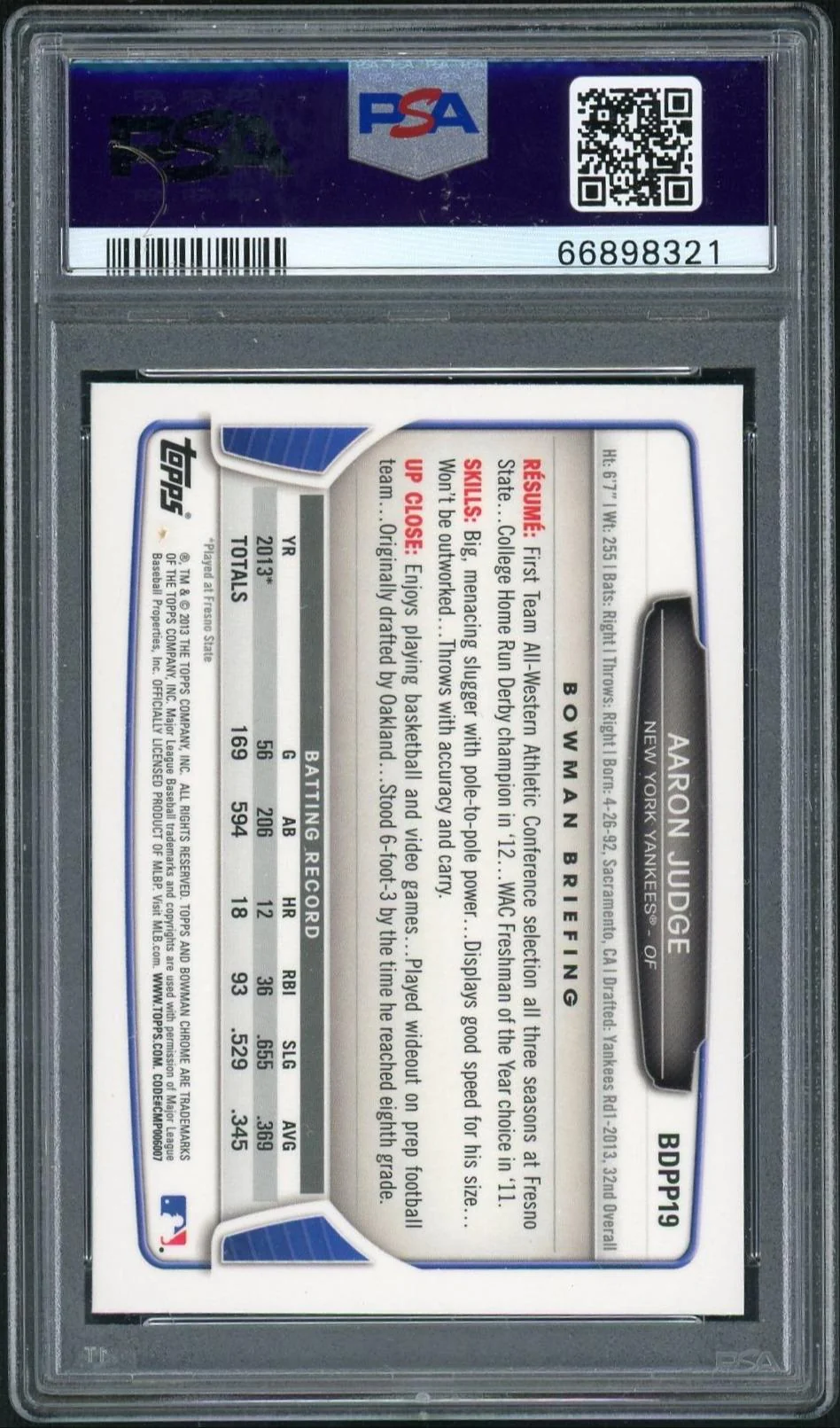 2013 Bowman Draft Picks and Prospects Chrome Aaron Judge #BDPP19 PSA 10 - Image 2