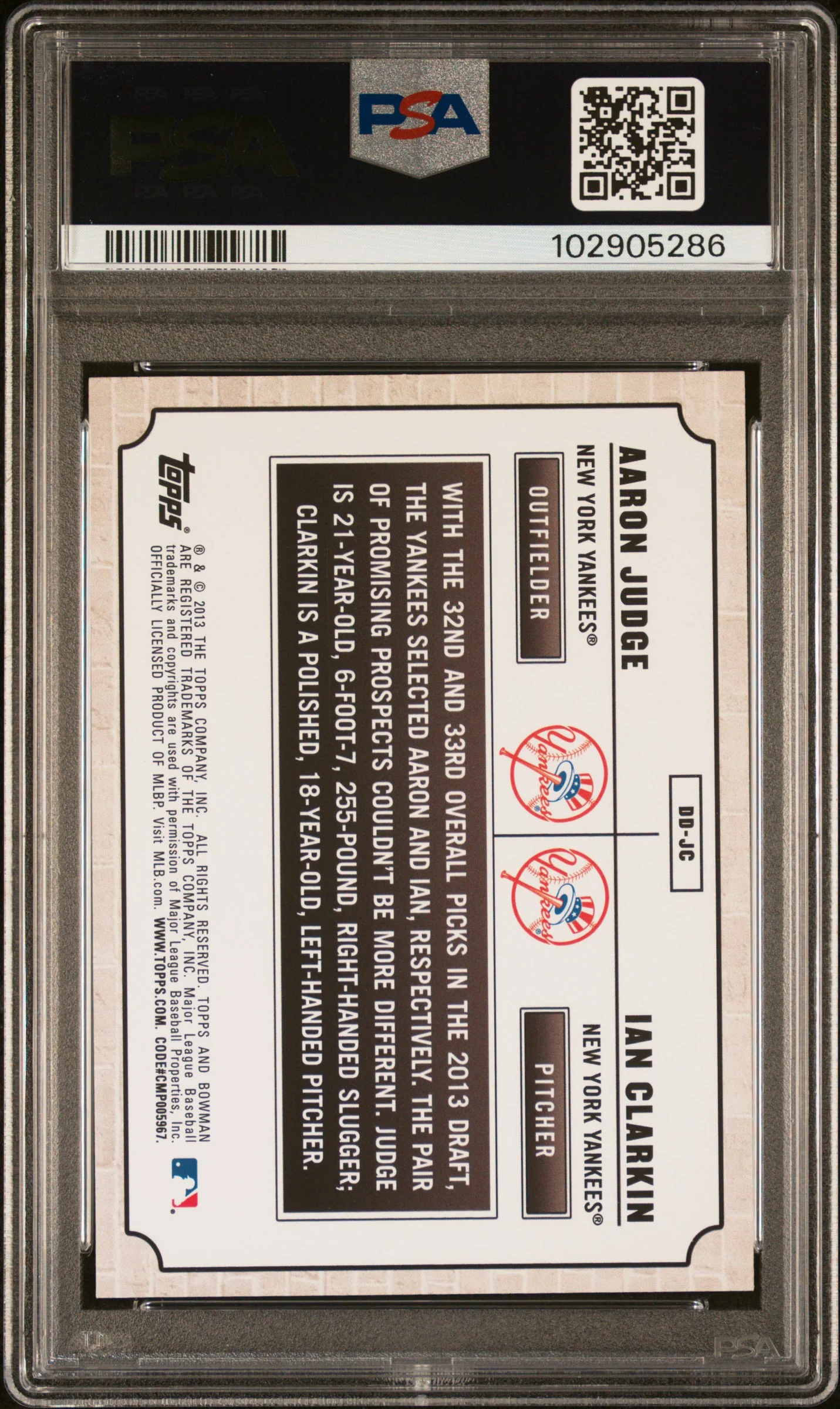 2013 Bowman Draft Picks and Prospects Dual Draftees Aaron Judge/Ian Clarkin #JC PSA 10 - Image 2