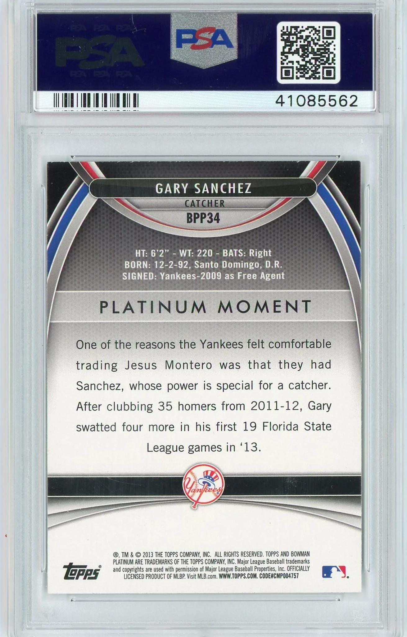 2013 Bowman Platinum Prospect Gary Sanchez #BPP34 PSA 10 - Image 2