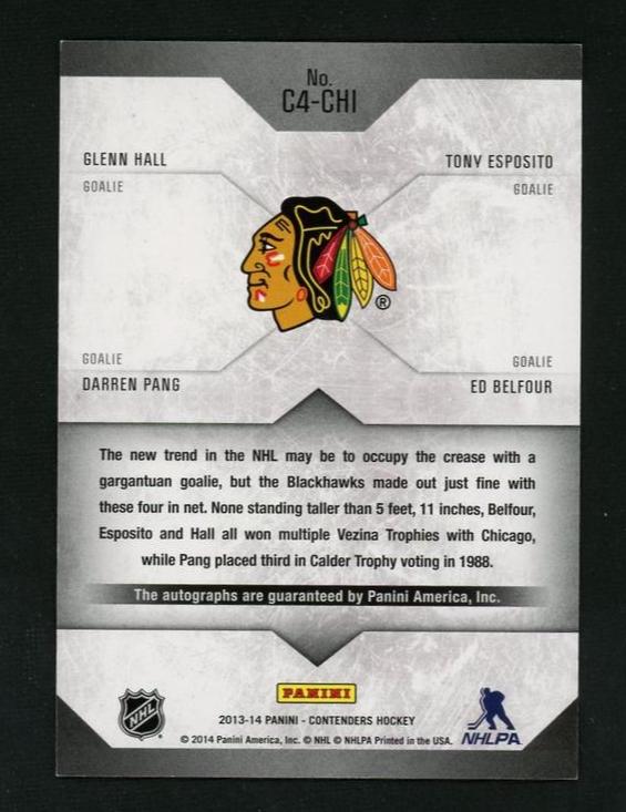 2013 Panini Contenders C4-CHI Glenn Hall Tony Esposito Darren Pang Ed Belfour Contenders Legacies Chicago Blackhawks Auto - Image 2