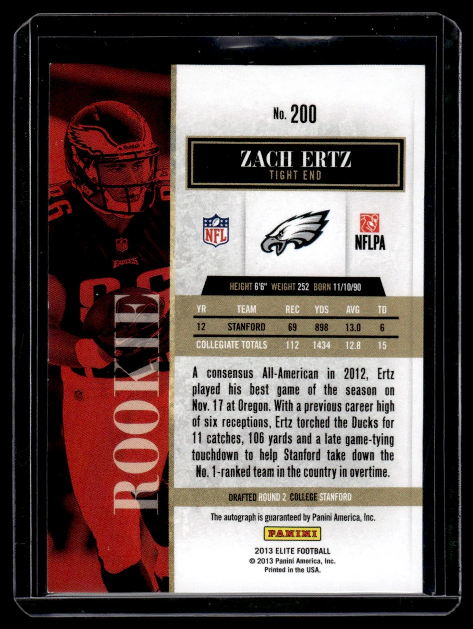 2013 Panini Elite Turn of the Century Zach Ertz #200 RC Auto /299 - Image 2