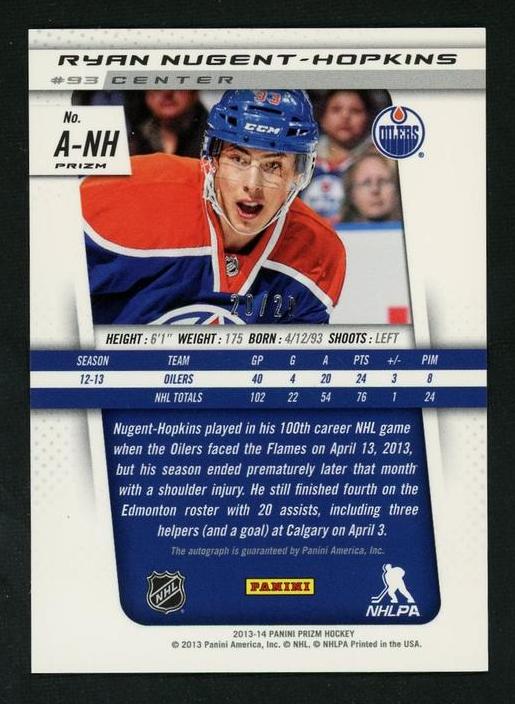 2013 Panini Prizm A-NH Ryan Nugent-Hopkins Edmonton Oilers Auto - Image 2