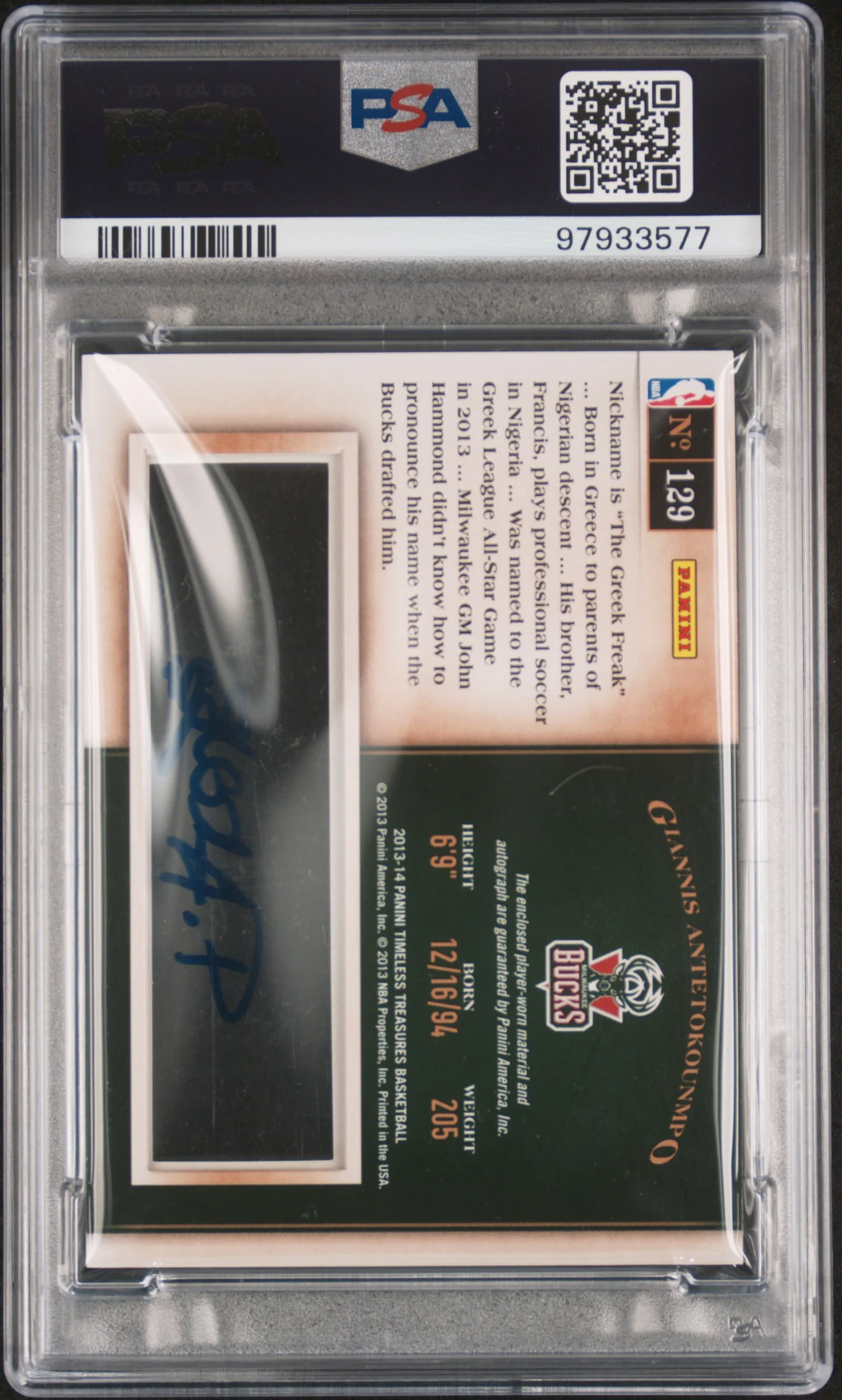 2013 Panini Timeless Treasures Jersey Autograph Giannis Antetokounmpo #129 PSA 8 - Image 2