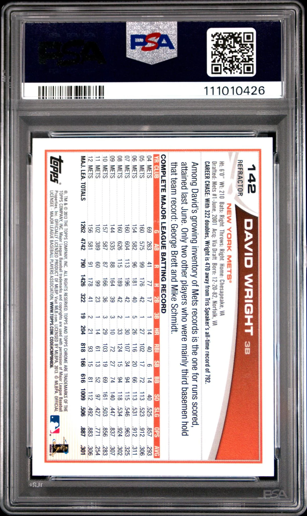 2013 Topps Chrome Swinging-Purple Refractor David Wright #142 PSA 10 - Image 2