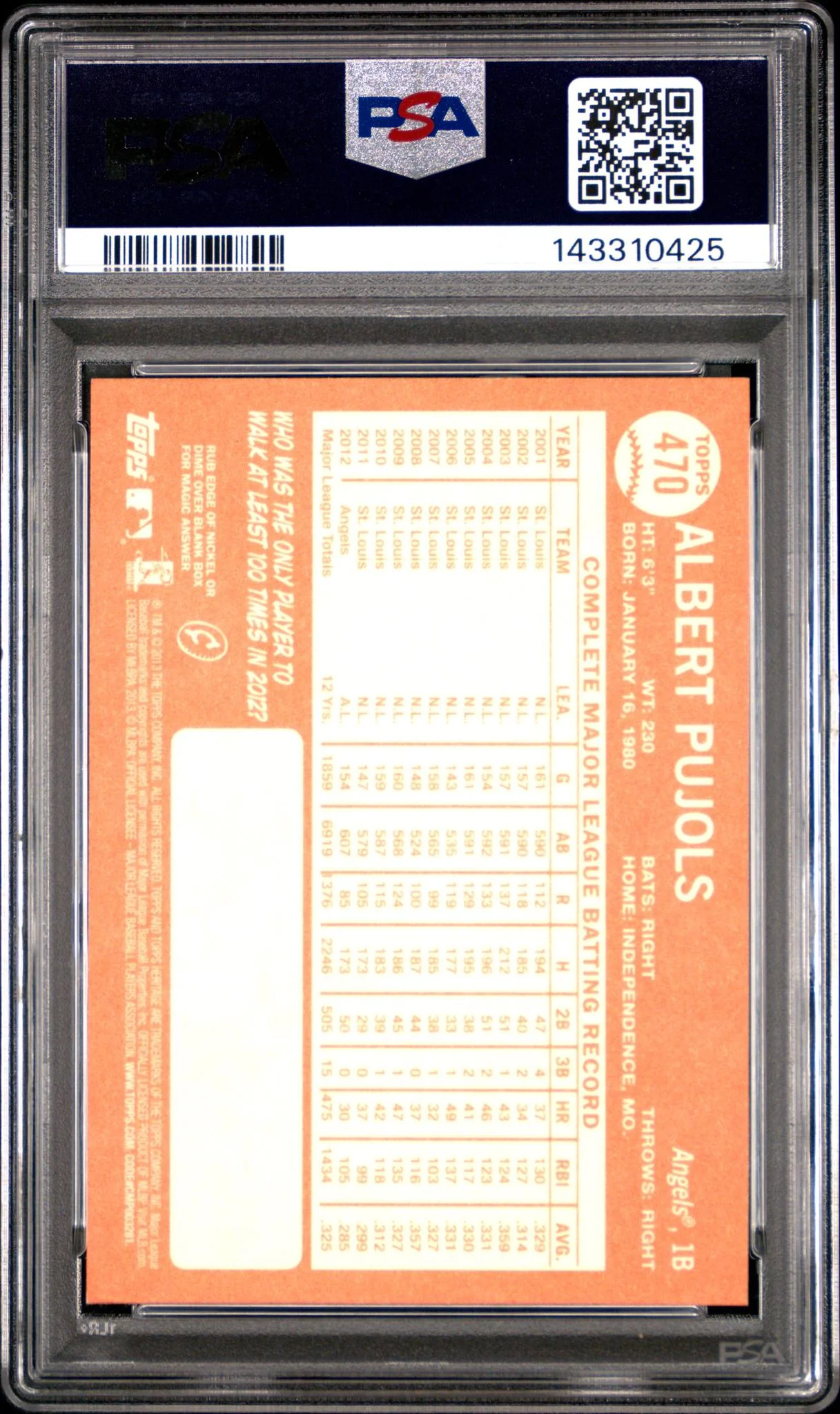2013 Topps Heritage With Bat Albert Pujols #470 PSA 9 - Image 2