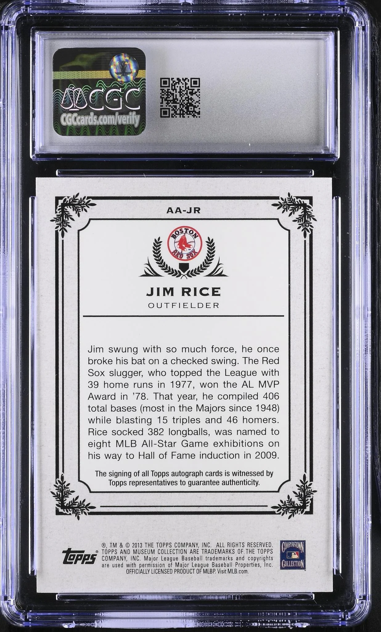 2013 Topps Museum Collection Jim Rice Archival Autographs /399 Auto CGC 10 - Image 2