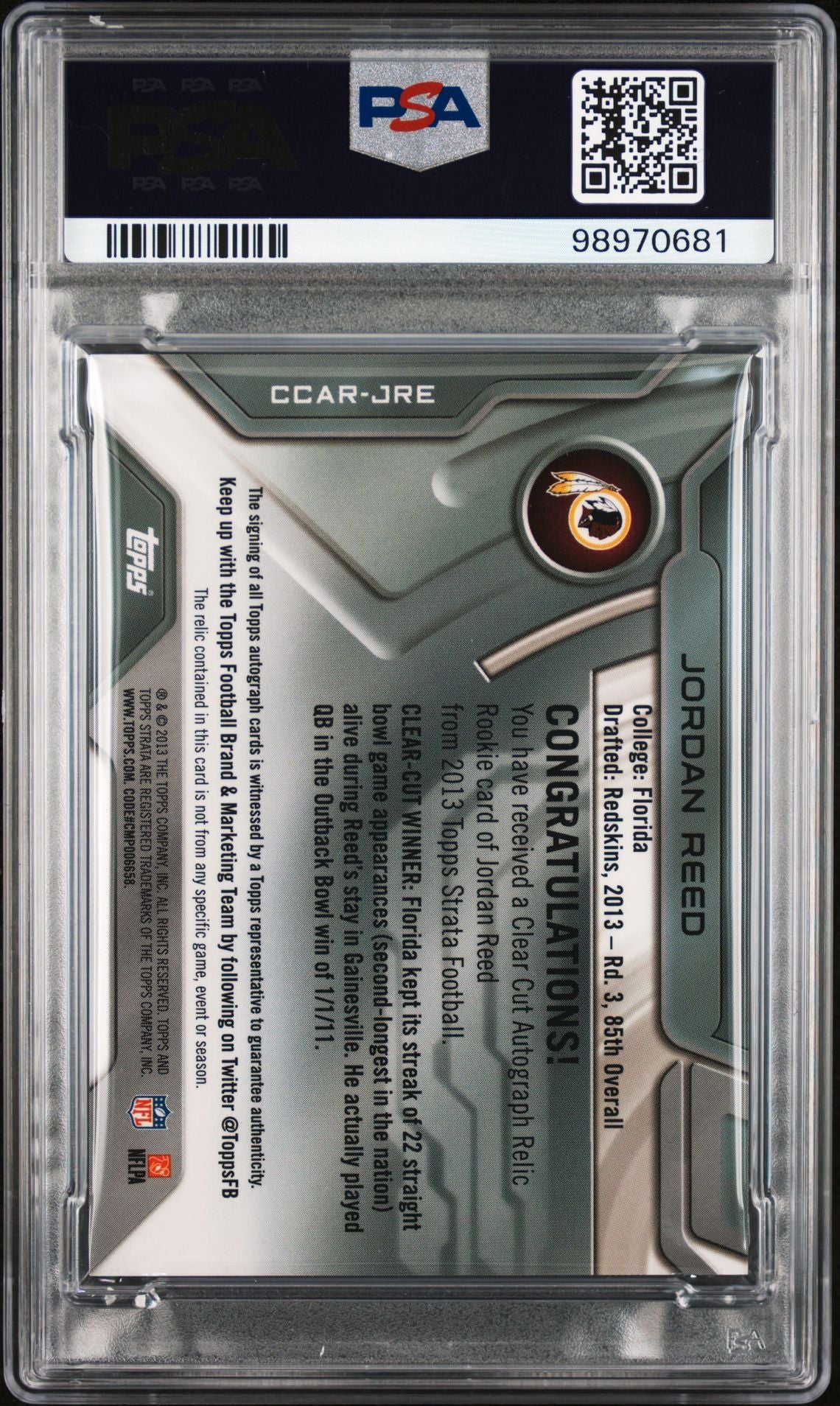 2013 Topps Strata Jordan Reed #JRE RC Clear Cut Auto Relic PSA 9 - Image 2