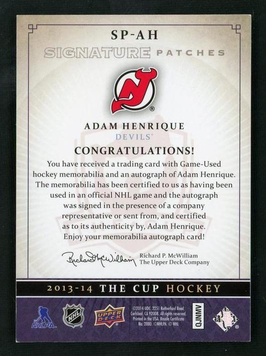 2013 Upper Deck The Cup SP-AH Adam Henrique Signature Patches Devils Auto - Image 2