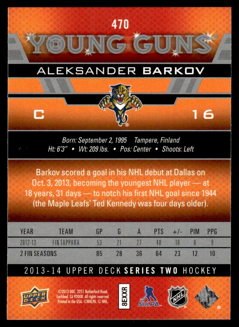 2013 Upper Deck Upper Deck 470 Aleksander Barkov Young Guns Rookie VG Florida Panthers - Image 2