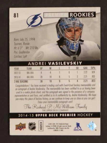 2014 Upper Deck Premier #81 Andrei Vasilevskiy RPA /25 - Image 2