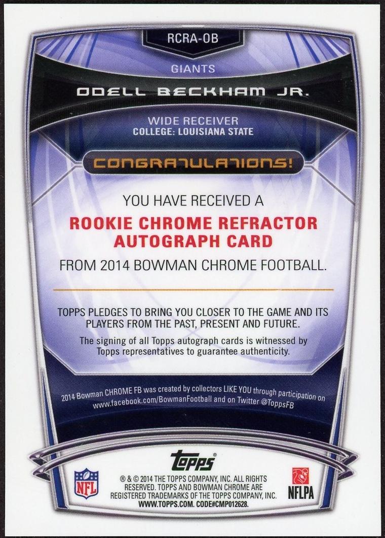 2014 Bowman Chrome RCRA-OB Odell Beckham Jr. Rookie Chrome Refractor Autograph Refractor Rookie Giants - Image 2