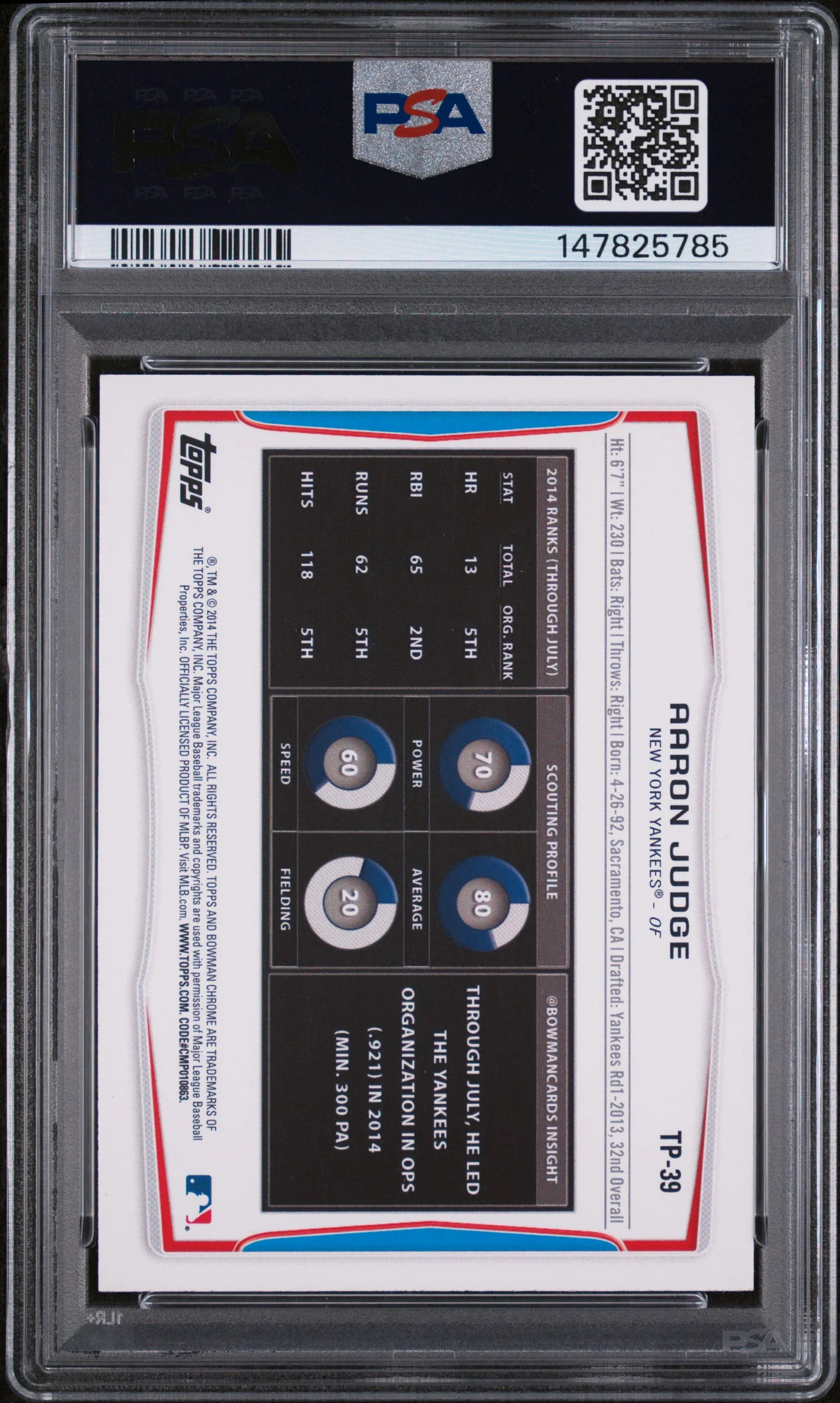 2014 Bowman Draft Top Prospects Silver Ice Aaron Judge #TP39 PSA 10 - Image 2