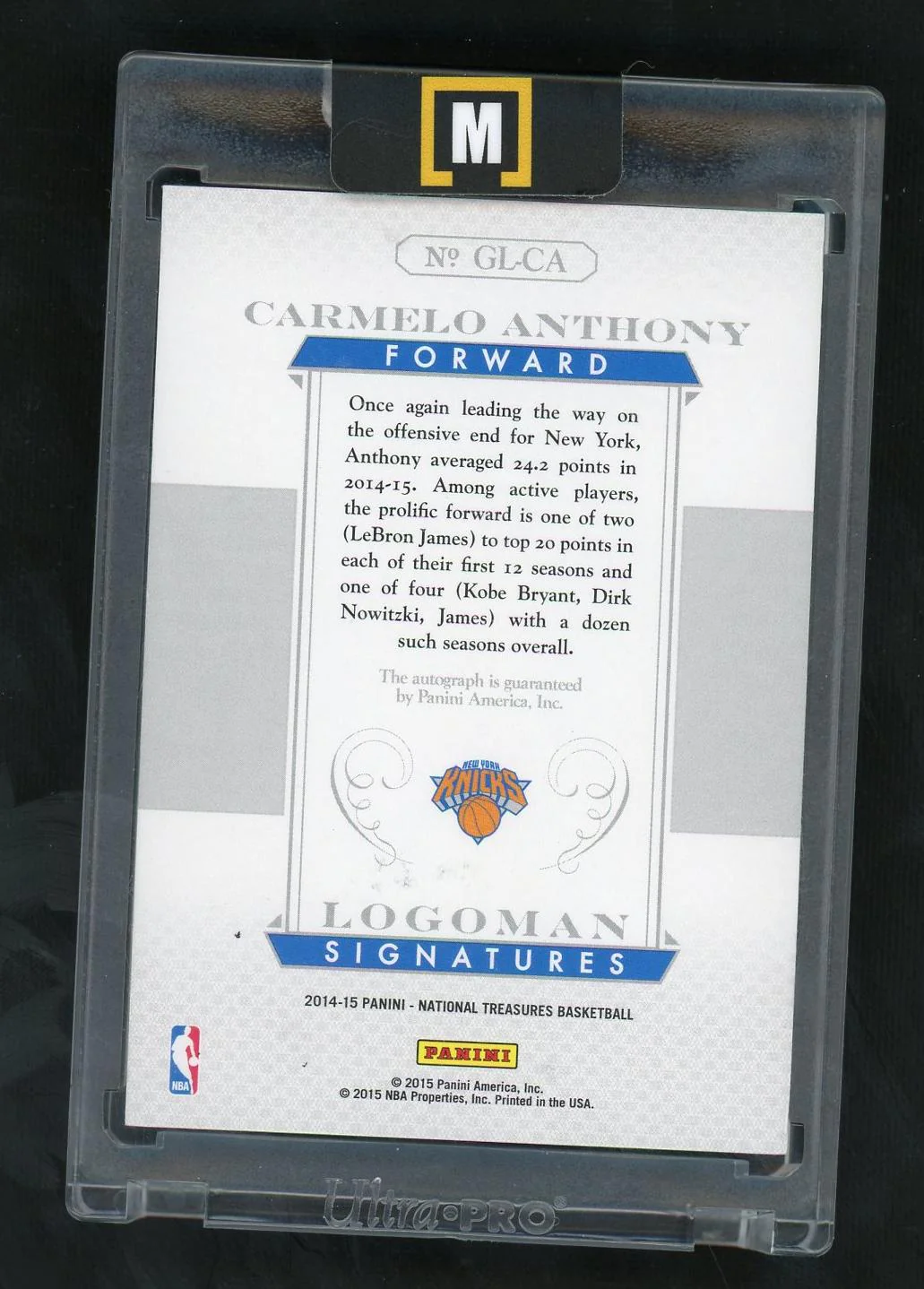 2014 Panini National Treasures GLCA Carmelo Anthony Logoman Signatures /99 VG New York Knicks Auto - Image 2