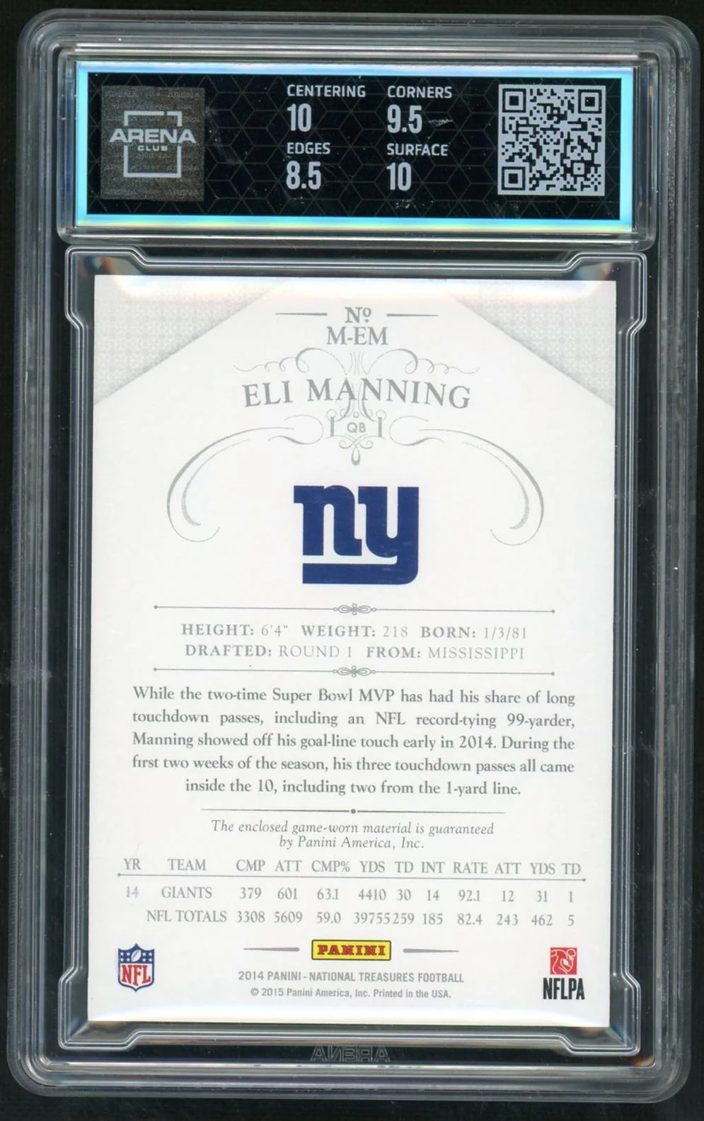 2014 Panini National Treasures M-EM Eli Manning Mat. Gold 10/10 Arena Club 9 Mint New York Giants - Image 2