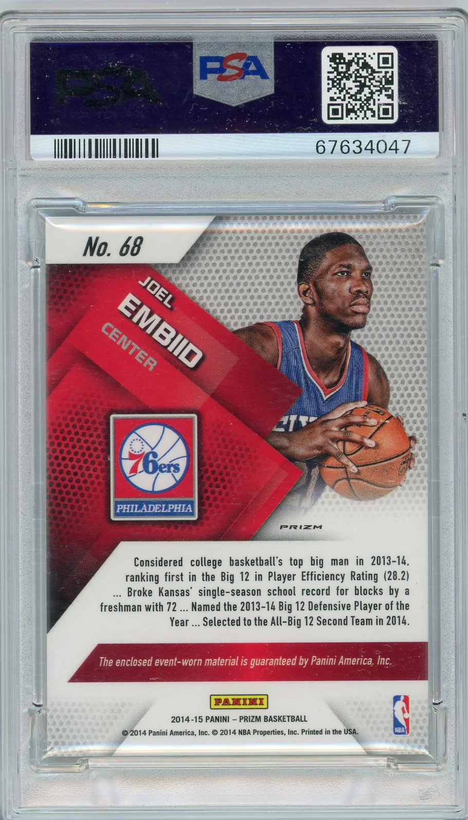 2014 Panini Prizm Jerseys Blue Mojo Prizm Joel Embiid #68 PSA 10 - Image 2