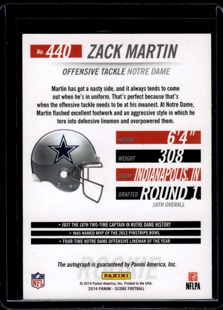 2014 Panini Score Zack Martin #440 RC Auto - Image 2