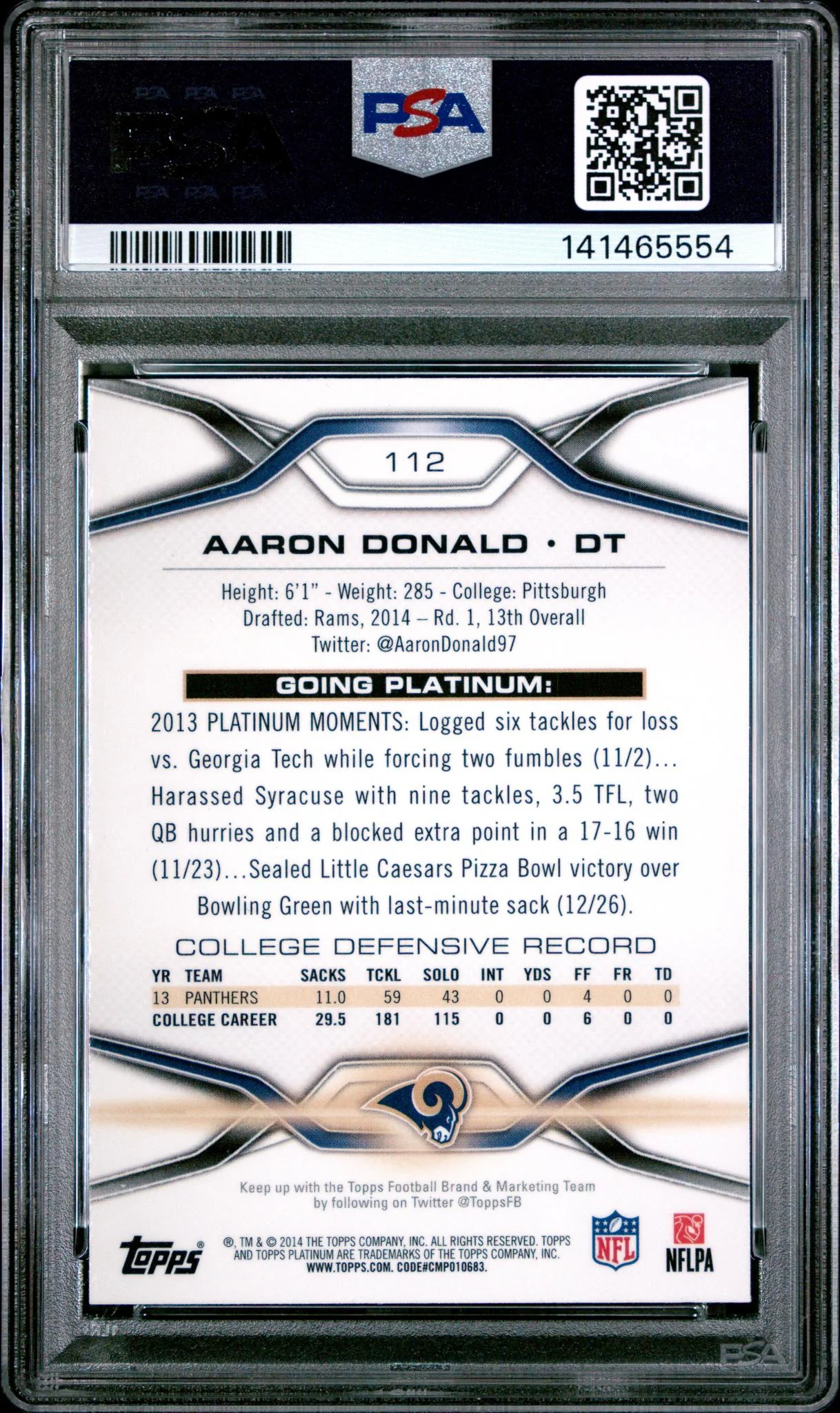 2014 Topps Platinum Orange Refractor Aaron Donald #112 PSA 9 - Image 2