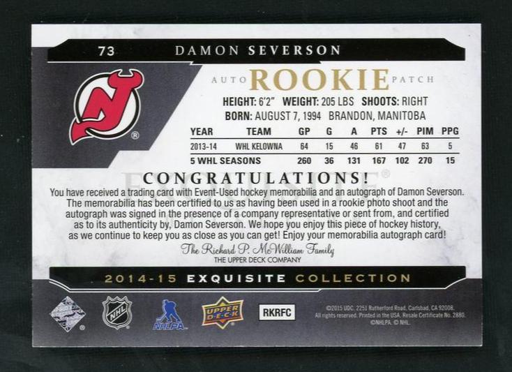 2014 Upper Deck Exquisite Collection 73 Damon Severson Rookie Patch Rookie /299 New Jersey Devils Auto - Image 2