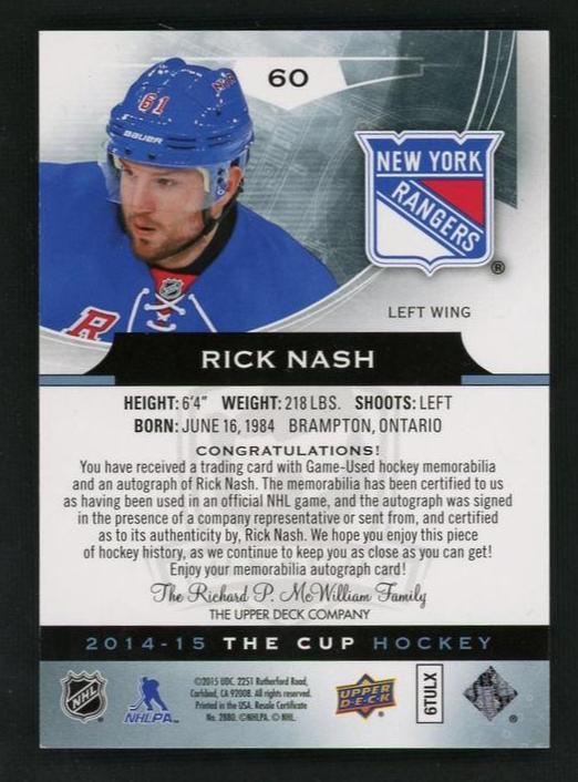 2014 Upper Deck The Cup 60 Rick Nash /10 New York Rangers Auto - Image 2