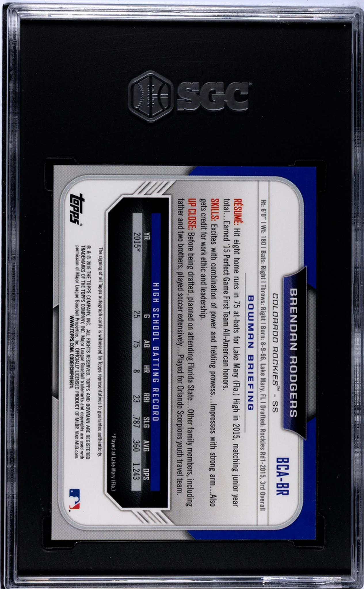 2015 Bowman Chrome Brendan Rodgers #BCA-BR Auto SGC 10 Auto 10 - Image 2
