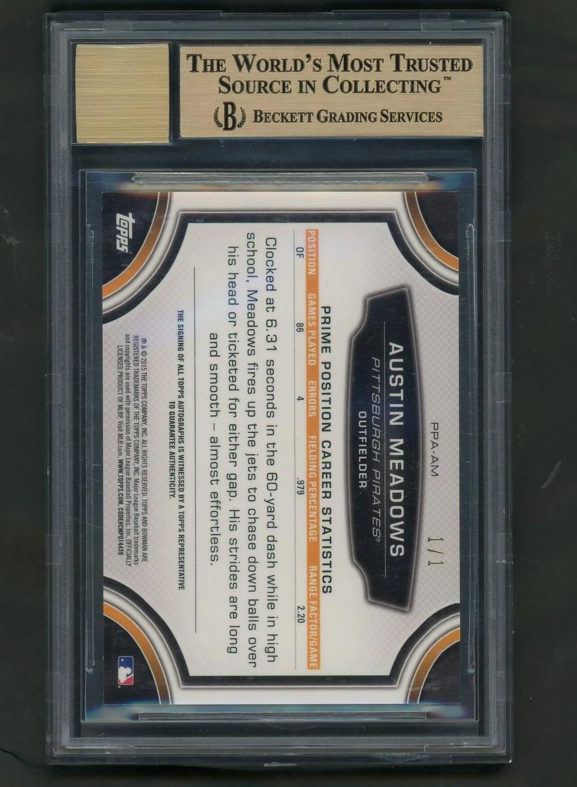 2015 Bowman Chrome PPAM Austin Meadows Prime Position Autographs Superfractor 1/1 Beckett 9.5 Gem Mint Pittsburgh Pirates - Image 2