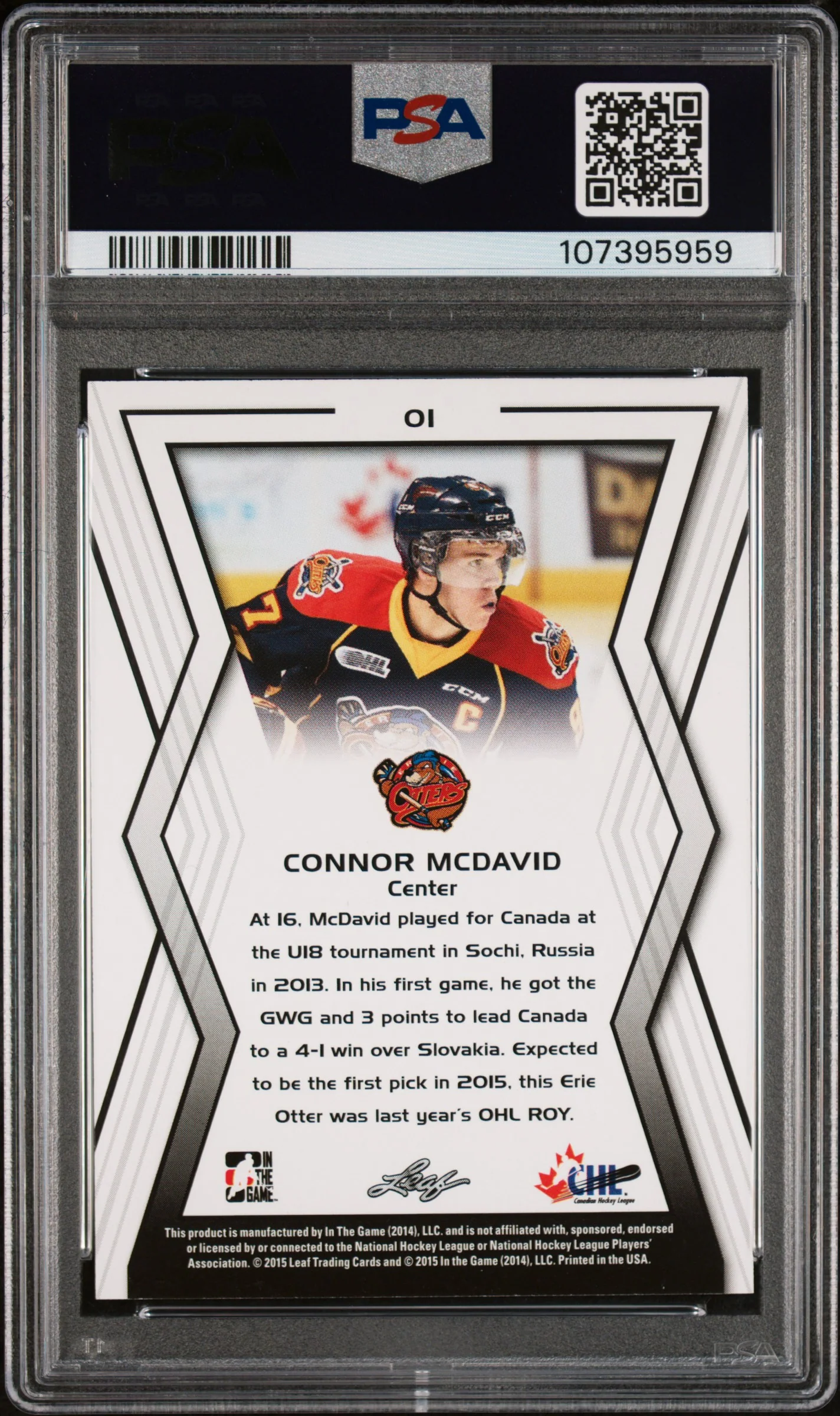 2015 Leaf In the Game Chl Draft Connor Mcdavid #1 PSA 10 - Image 2