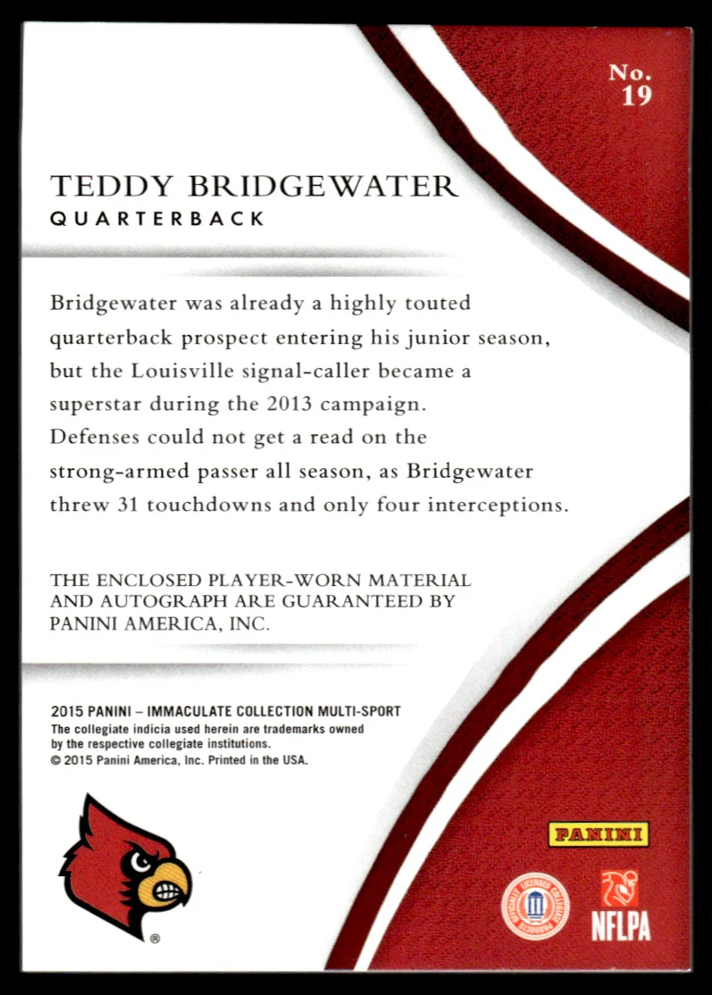2015 Panini Immaculate Collection 19 Teddy Bridgewater /99 University of Louisville Auto - Image 2