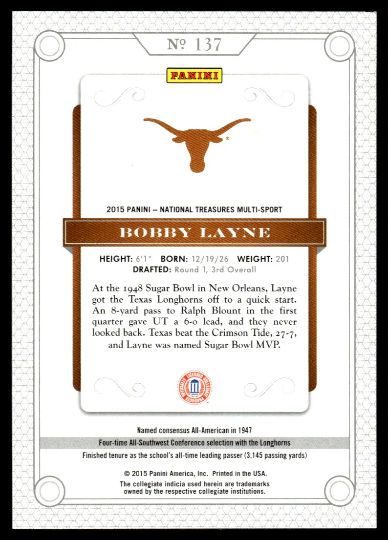 2015 Panini National Treasures 137 Bobby Layne /10 Texas Longhorns - Image 2