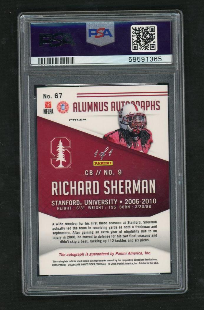 2015 Panini Prizm Camo Richard Sherman #67 Auto 1/1 PSA 10 - Image 2