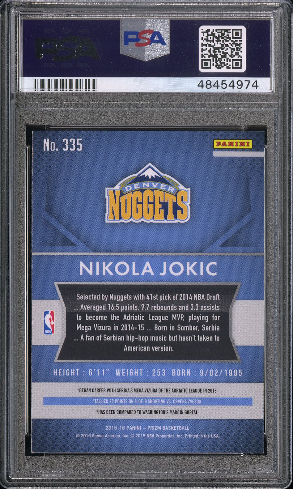 2015 Panini Prizm Nikola Jokic #335 PSA 10 - Image 2