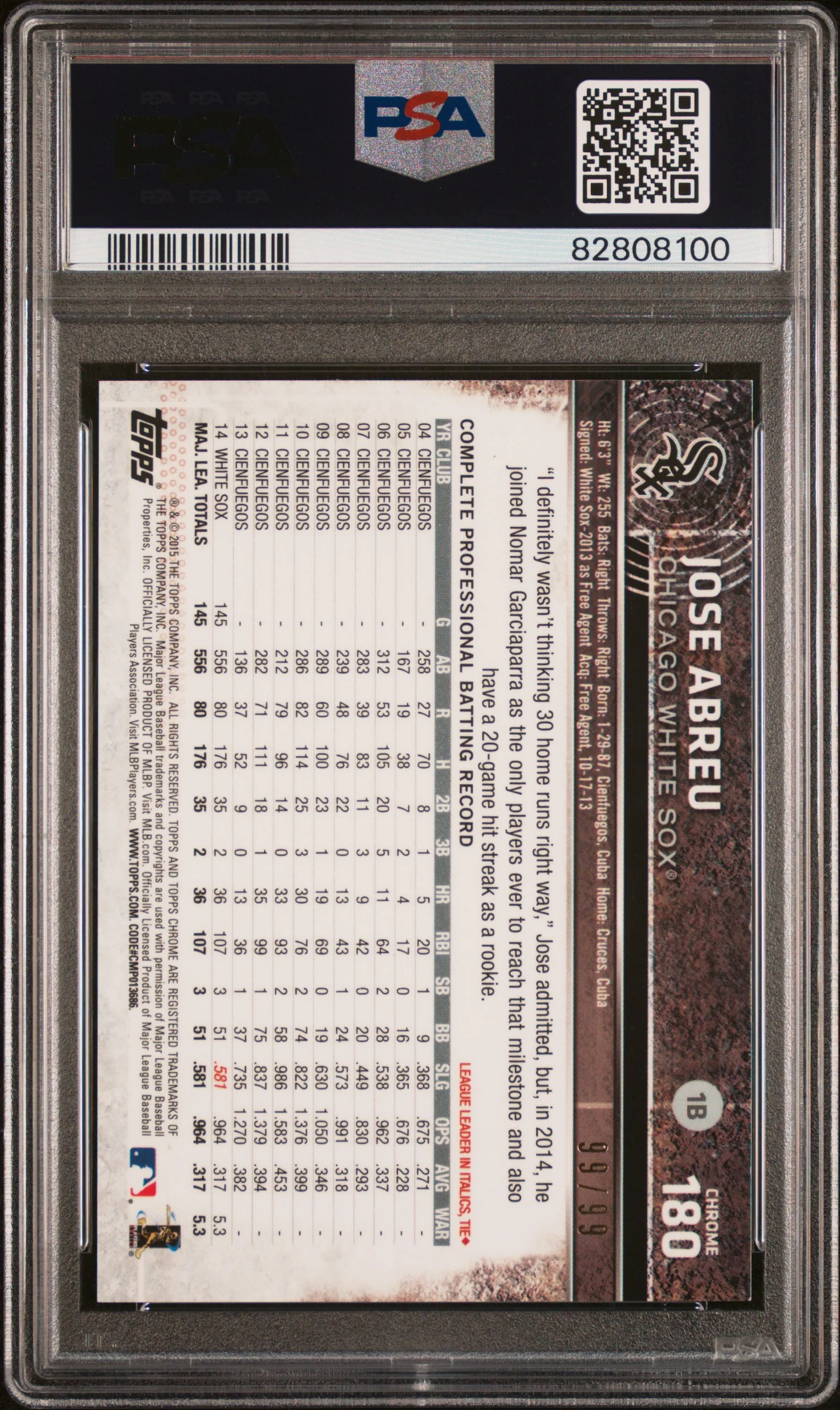 2015 Topps Chrome Green Refractor Jose Abreu #180 /99 PSA 9 - Image 2