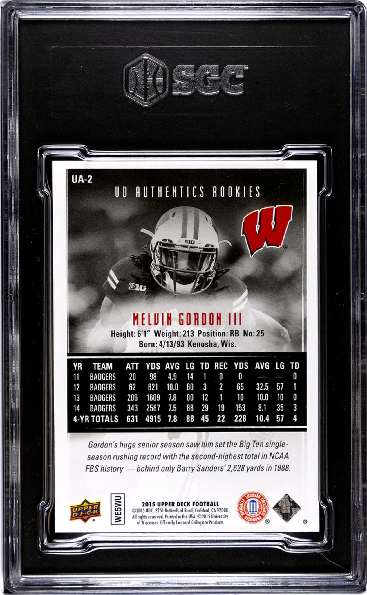 2015 Upper Deck Authentics Melvin Gordon III #UA-2 /500 SGC 9.5 - Image 2