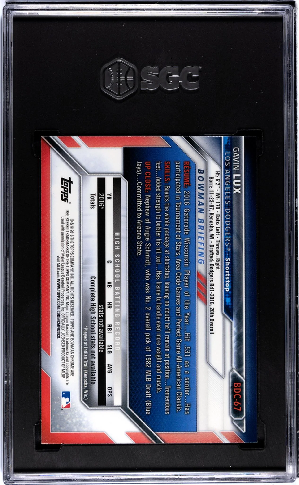 2016 Bowman Chrome Draft Gavin Lux #BDC-67 SGC 8.5 - Image 2