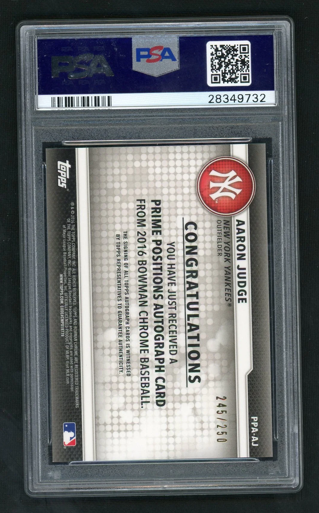 2016 Bowman Chrome Prime Positions Autograph Aaron Judge #PPAAJ /250 PSA 10 - Image 2