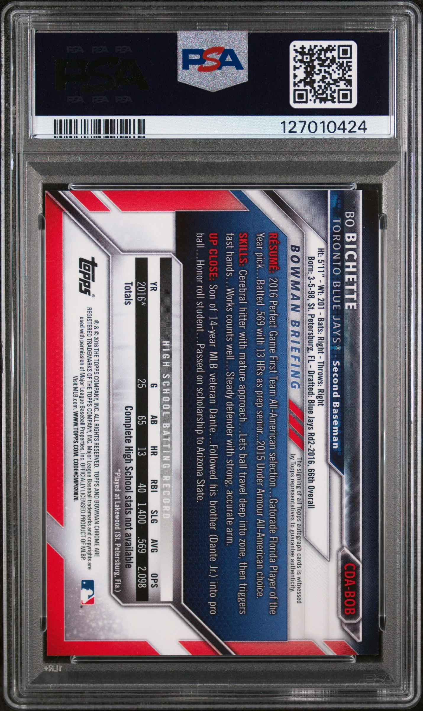 2016 Bowman Draft Chrome Autograph Bo Bichette #CDABOB PSA 10 - Image 2