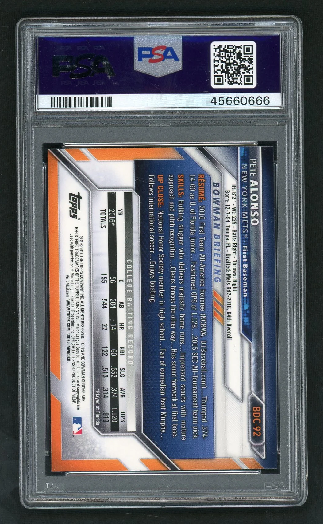 2016 Bowman Draft Chrome Pete Alonso #BDC-92 PSA 10 - Image 2