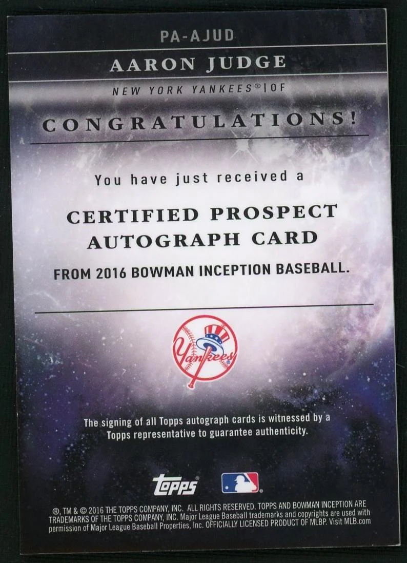2016 Bowman Inception Aaron Judge #PA-AJUD Auto - Image 2