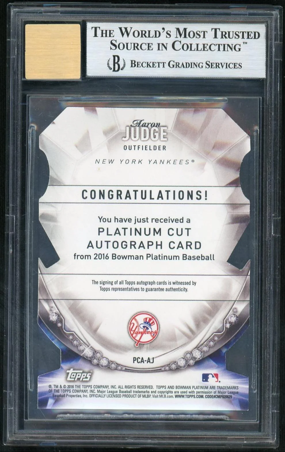 2016 Bowman Platinum Platinum Cut Autographs Aaron Judge #PCAAJ /25 BGS 9 - Image 2